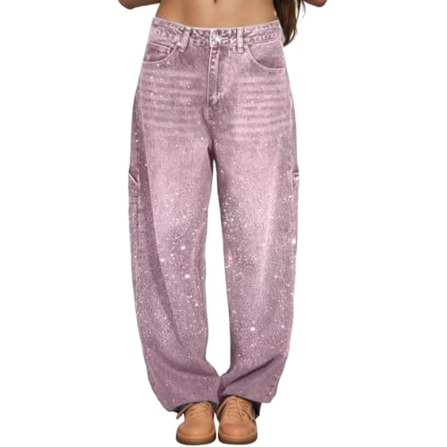 Women’s Casual Rhinestone Straight Leg Jeans Trendy Sparkly Baggy Distressed Vintage Denim Pants with Pockets