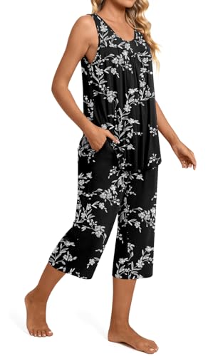 Image of TAOHUADAO Womens Summer 2 Piece Pajama Sets, Sleeveless Tops with Capri Pants, Lounge Ladies Pjs Sets with Pockets