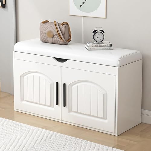 Banco de almacenamiento de zapatos, organizador de zapatos de madera de 2 niveles con almacenamiento superior abatible para entrada y sala de estar