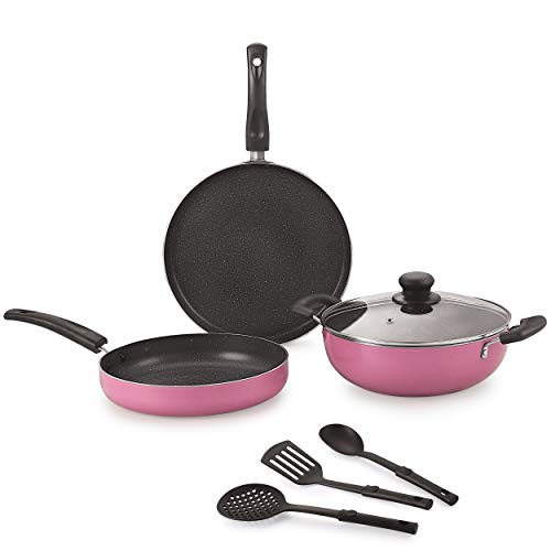 Image of Nirlon Orchid Granite 7-Piece Aluminium Non Stick Dishwasher Safe Cookware Gift Set with Glass Lid & 3 Spoon, Pink (Compatible with All Gas & stovetops Only)