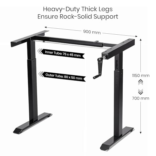 Image of Manual Hand Crank Standing Desk Frame | Non Electric Height Adjustable Sit-Stand Table No Power Required | Silent Operation, Heavy-Duty Steel| 3-Year Warranty | Black Frame Only No Tabletop
