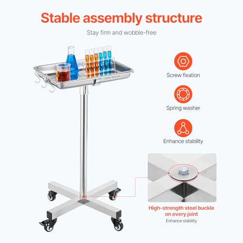 Image of VEVOR Mayo Stand, Stainless Steel Mayo Tray, Load Capacity up to 36 lbs, Adjustable Height 31.9 inch-55 inch, Medical Tray on Wheels with Removable Tray for Spa, Salon, Clinic, Personal Care