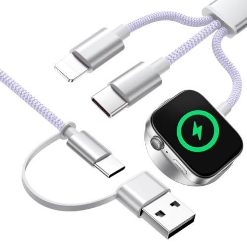 Multi Charger Cable for Apple Watch, Travel Essential 3 in 2 Charger Cord for iPhone, USB C Cable Compatible with iWatch Ultra,Purple-5FT-New