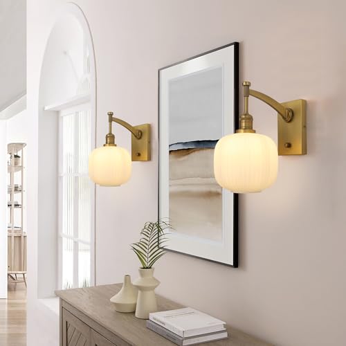 Image of Pathson Milk White Glass Wall Sconce with Switch, Hardwired Wall Vanity Light, Mid-Century Vintage Wall Lamp Fixture or Living Room Farmhouse Bathroom Bedside Lighting