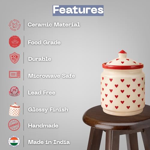 Image of Classyo Ceramic Storage Containers - 700 ml, Salt Container, Pickle Jar with lid, Ceramic Jars for Kitchen Storage for Achar and Namak (Set of 2, Heart Design)