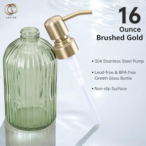 Image of 16Oz Green Glass Soap Dispenser with Rust Proof Stainless Steel Pump, Green Stripe Bathroom Hand Dish Lotion Dispensers with Brushed Gold Pump,Brushed Gold Glass Soap Dispenser