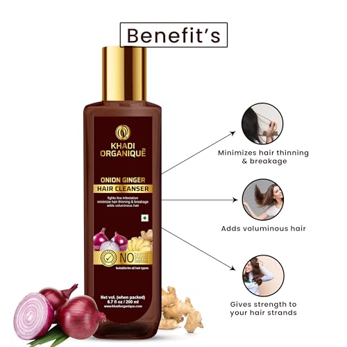 Image of Khadi Organique Onion & Ginger Hair Shampoo | Herbal Cleanser Formula For Dandruff & Itchy Scalp | Nourishing, Hydrating & pH Balanced | Reduce Hair Thinning, Adds Volume | SLS & Paraben Free - 200ml