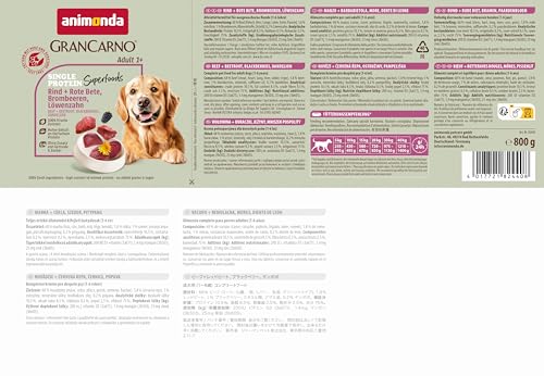 animonda GranCarno Hunde Nassfutter Single Protein Superfoods Rind pur (6 x 800g), getreidefreies Hundenassfutter ohne Zucker, für ausgewachsene Hunde, mit frischen fleischigen Zutaten