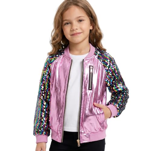 Image of WELAKEN Girls Sequin Sparkle Zip Bomber Jacket | Sequin sleeves, shiny bomber style, ribbed trim, smooth zipper and side pockets for party, dance, school and photos