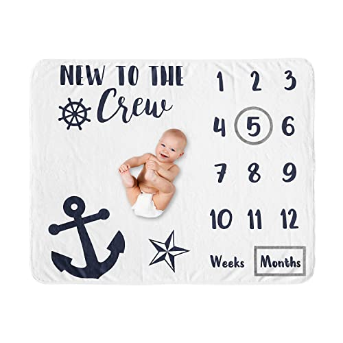 Image of Sweet Jojo Designs Nautical Sailor Boy Girl Milestone Blanket Monthly Newborn First Year Growth Mat Baby Shower Memory Keepsake Gift Picture - Navy Blue White Anchors Ocean Sailboat Sea Gender Neutral