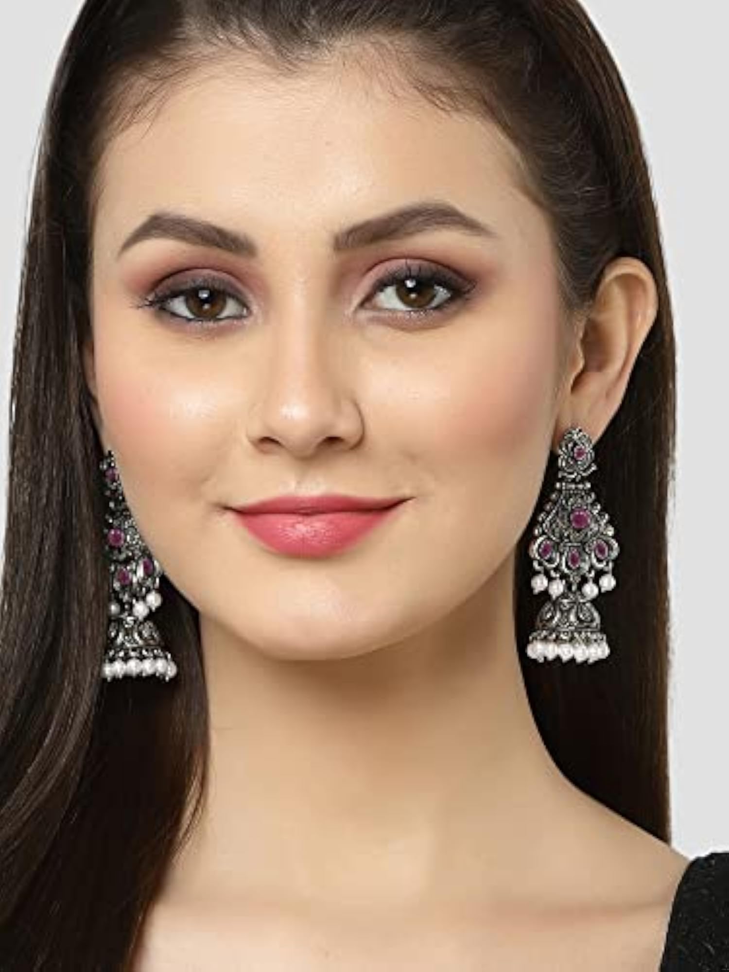 Oxidised Silver Stone Studded Dangler Jhumki Earrings