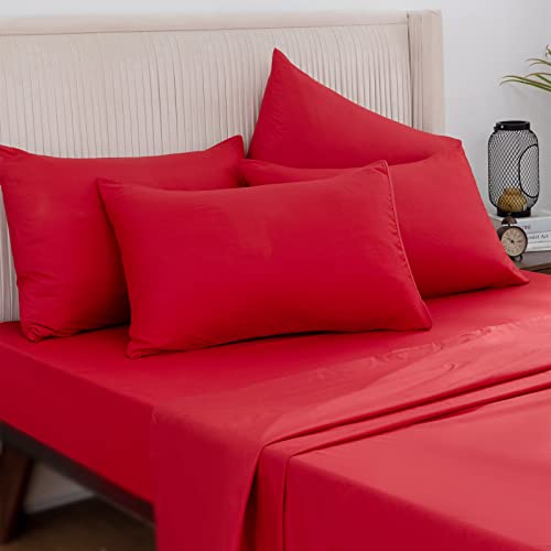 Overket Full Sheet Set Ultra Soft Full Bed Sheets 1800 Series Luxury Cooling Sheets-100% Microfiber-Breathable-Wrinkle Free - Full Size Red-6Pc #TOP2