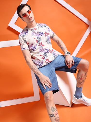 Image of The Indian Garage Co Men's Cotton Slim Fit Tropical Print Round Neck Tshirt
