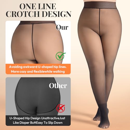 Image of WiliW Plus Size Fleece Lined Tights for Women, Sheer Winter Warm High Waist Thermal Tights Fake Translucent