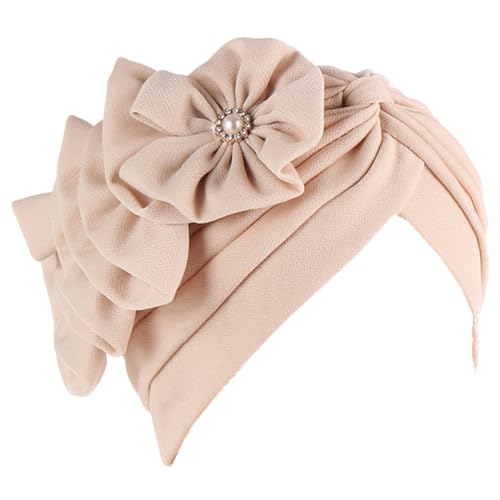 Flower Turban Hats for Women - Ruffle Bead Stretch Solid Caps Chemo Cancer Pre Tied Headscarf Headwear