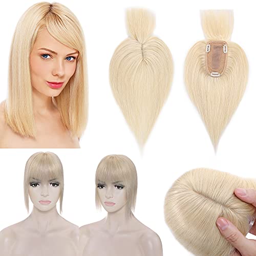 SEGO 150% Density Human Hair Toppers for Women With Bangs Silk Base 100% Remy Human Hair Pieces Clip in for Slight Hair Loss Thinning Hair Cover Gray Hair --10 Inch Platinum Blonde