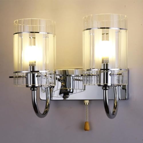 noarjaer Glass Wall Lamp Chrome Bathroom Vanity Light with Pull Chain