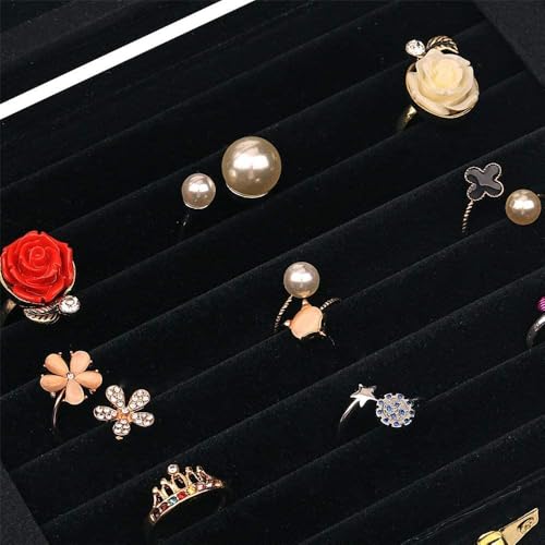 Image of BucketList Women's Velvet Glass Ring Earrings Jewelry Box - Display Storage Showcase Holder Organizer (100 Slot Ring Jewellery Box-Black)