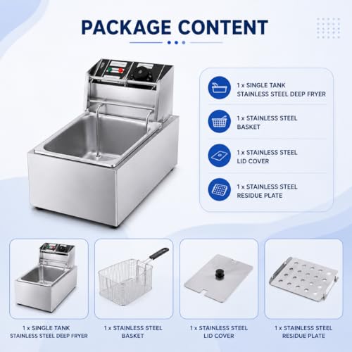 Image of Modern India Kitchenware 6 Litre Electric Deep Fryer, Stainless Steel Commercial Kitchen Appliance with Temperature Control