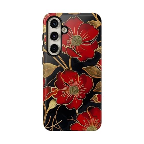 Coque Samsung S24 Plus rigide antichoc à motif floral or et rouge