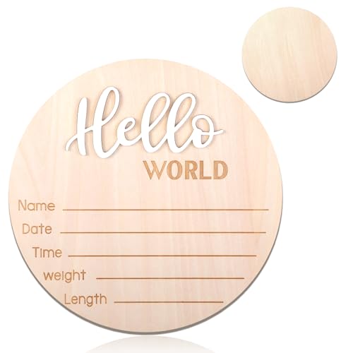 Image of Wooden Baby Announcement Sign, 5.9 Inch Hello World Newborn Sign, Hospital Birth Stat Plaque, Hospitals, Homes, Nurseries, Suitable for Newborn Boys and Girls, Birth Souvenir (White)