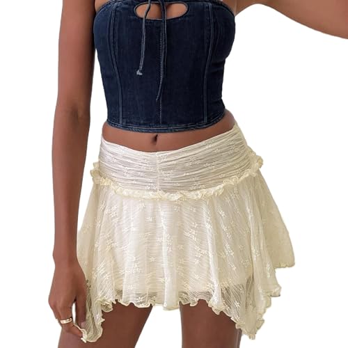Women Lace Mini Skirt Y2k Fairy Asymmetrical Flowy Short Skirt Low Waist Pleated Ruffle Hem Layered Skirts