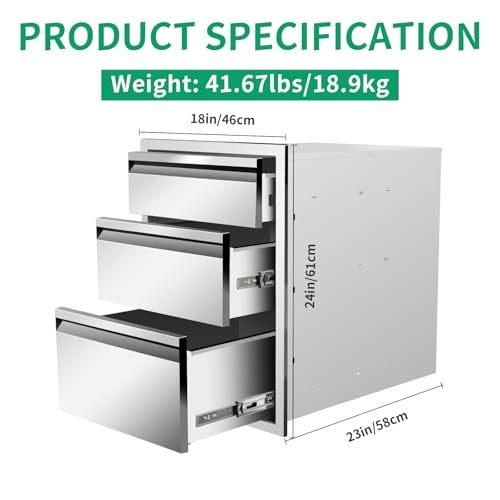 Image of Outdoor Kitchen Drawers 18 inch W x 24 inch H x 23 inch D Stainless Steel Triple Drawers with Hidden Handle for BBQ Island, Patio Grill Station & Outdoor Kitchen Cabinets