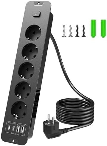 Inhwatek Steckdosenleiste mit USB (PD 20W), 5-Fach Einbausteckdose, Versenkbare Steckdose 9-in-1 Tischsteckdose, Mehrfachsteckdose mit 2M Kabel Für Küche Büro Arbeitsplatte, 3680W/