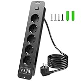 Inhwatek Multiprise Encastrable Plan de Travail, 5 Prises avec Interrupteur et USB (PD 20W), Multiprise 2m, Prise de Table pour Cuisine et Bureau, Parafoudre et Surtension, Noir