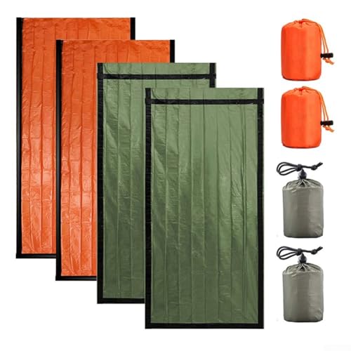 4-Pack Survival Sleeping Bag, Waterproof Thermal Sack Blanket for Camping and, Lightweight and Compact, Orange Green, 6 x 3.0 ft