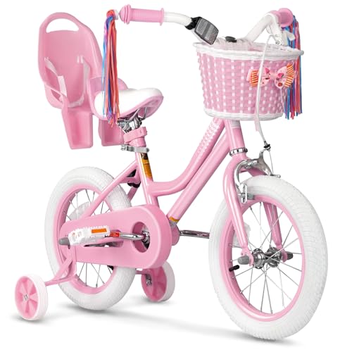 XJD Girls Bike for 2-12 Years Old Toddlers and Kids (Pink, 14 Inch with Training Wheels)