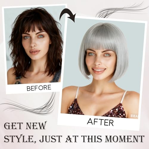 Image of PLULON Light Gray Short Bob Wig with Bangs for Women, Colorful Neon Short Bob Synthetic Hair Wigs with Hair Cap Heart Sunglasses for Adults Daily Bachelorette Halloween Costume Party Supplies