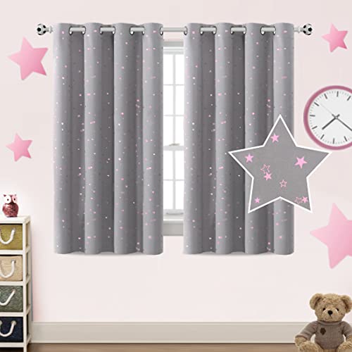 PrinceDeco Blackout Kids Curtains for Bedroom Thermal Insulated Pink Twinkle Star Curtains for Boys Girls Antique Grommet Top Window Treatment 2 Panels Drape for Nursery (52" W x 54" L, Grey/Pink)
