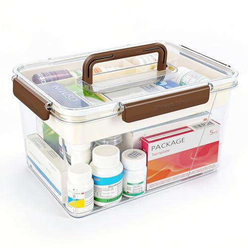 15QT Clear Medicine Storage Box, Portable Double Layer Medicine Organizer Box with Detachable Divided Tray, Clear Medicine Box for Family, Travel, Office & Dorm First Aid Medication Storage(XL)