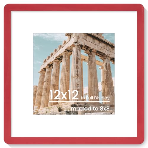 FLYJOE 12x12 Solid Wood Square Frame | Tempered Glass & Hanging Hardware | Mat for 8x8 | Red, 1 Pack