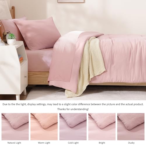 Image of Twin XL Comforter Set- 5 Pieces Prewashed Bed in a Bag Twin Bedding Sets | Soft All Season Comforter with Sheets, Pillow Sham & Pillowcase,Soft Pink