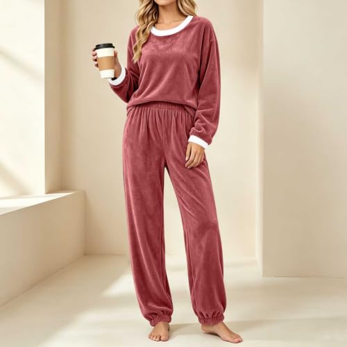 Pijamas De Mujer Manga Larga Flannel Pajamas for Women Set Winter Warm Fleece 2 Piece Lounge Pjs Sets Loungewear Sleepwear Plus Size Lounge Sets for Women Capsule Wardrobe Set Rose Gold S - image 3