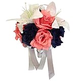 Angel Isabella Artificial Bouquet - 9' Coral and Navy Blue Roses with Tiger Lilies, Silver Ribbon