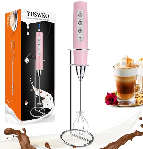 Image of YUSWKO Pink Handheld Milk Frother Wand with Stand for Coffee, Rechargeable Electric Whisk with 3 Heads 3 Speeds Drink Mixer Coffee Frother For Latte, Cappuccino, Hot Chocolate, Egg