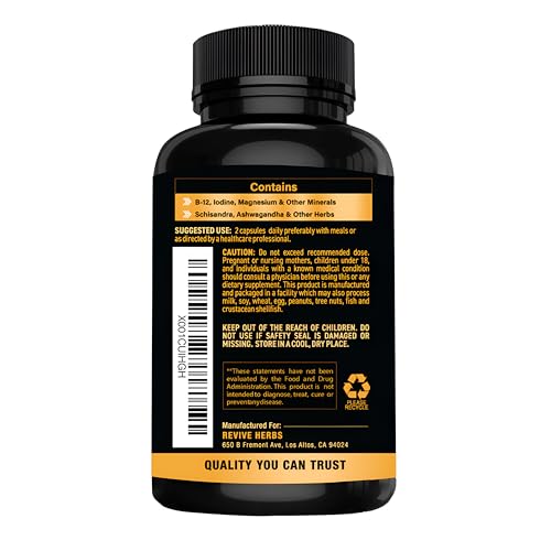 Revive Herbs Thyroid Support: Powerful Blend of Ashwagandha, Iodine, Selenium, Magnesium, Zinc, Vitamin B12 & More for Optimal Health - 60 Capsules