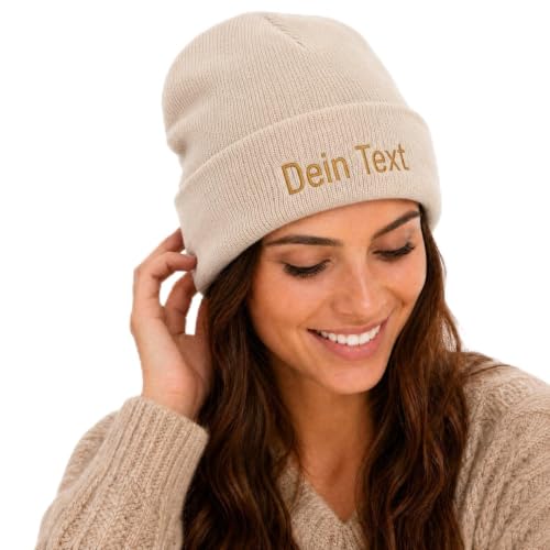 my STITCHERY Bonnet avec nom ou texte brodé - Bonnet personnalisé en tricot double couche de qualité supérieure comme idée cadeau exceptionnelle, beige, taille unique