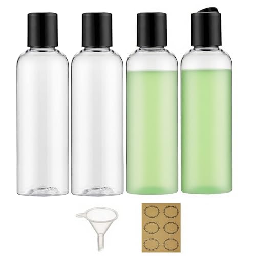 Apstaqeoo Lot de 4 flacons en plastique de 150 ml avec bouchon à disque à rabat - Flacons vides rechargeables - Avec entonnoir et étiquette pour liquides, lotions, shampooings, articles de toilette et