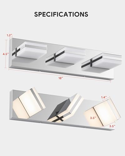 Image of VONLUCE Bathroom Vanity Light Fixture, 3-Light Modern LED Vanity Lights, 3CCT Adjustable Bathroom Light with Memory Function Rotatable Shades, 18 inch Wall Lighting Fixture Over Mirror, Chrome