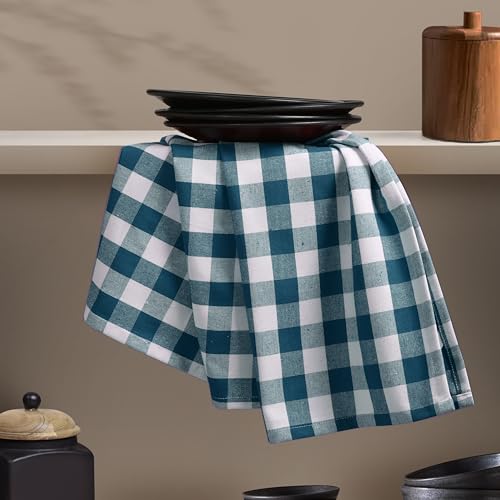 Image of Gingham Check Kitchen Towels, 4 Pack, 16x26 Inches, 100% Cotton - Highly Absorbent, Fast Drying, Dish Towels for Drying Dishes, Hand Cleaning Towels with Hanging Loop, Teal and White