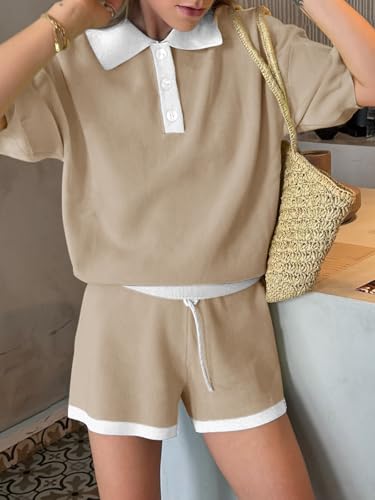 Image of Tankaneo Womens 2 Piece Short Sets Short Sleeve Knit Tops Vacation Outfits | Sweater Fabric, 2026 Summer, Collared, Matching Lounge Set