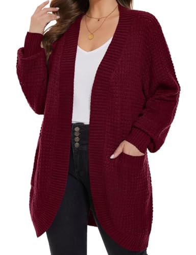 Image of MONNURO Womens Plus Size Open Front Cardigan Waffle Knit Long Sleeve Sweaters Tops Fall Coat Outerwear with Pockets