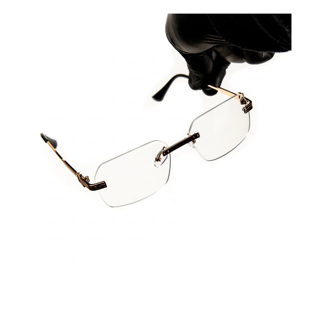 Street KnittedMen's Gold Wire Frame Rimless Luxury Hip Hop Fashion Clear Lens Glasses, Gold, M