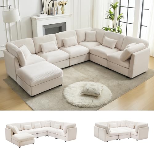 125 Inch Oversized Corduroy Cloud Couch, U Shaped Modular Sectional Sofa, 7 Seat Convertible Modular Sleeper Sofa Couch with Storage, Sectional Couches for Living Room, Beige