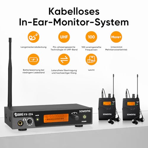 SOWOITIG Système de surveillance intra-auriculaire sans fil – Système UHF-IEM professionnel (mono) avec émetteur en métal monté en rack, 2 récepteurs Bodypack avec écouteurs, 100 fréquences, portée de – vue 2