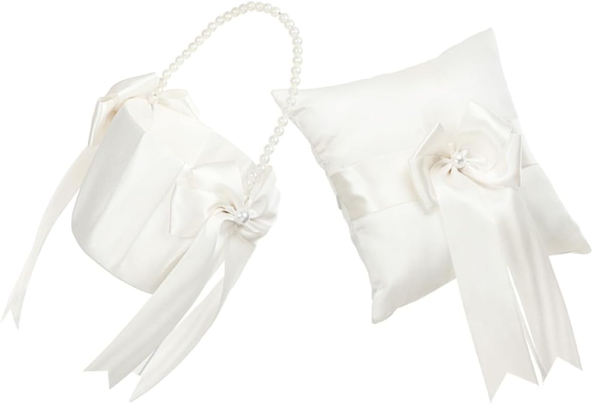 Wedding Ring Bearer Pillow and Flower Basket Set 2pcs Cloth Ring Cushion and Pearl-Inlaid Flower Girl Basket for Wedding Ceremony